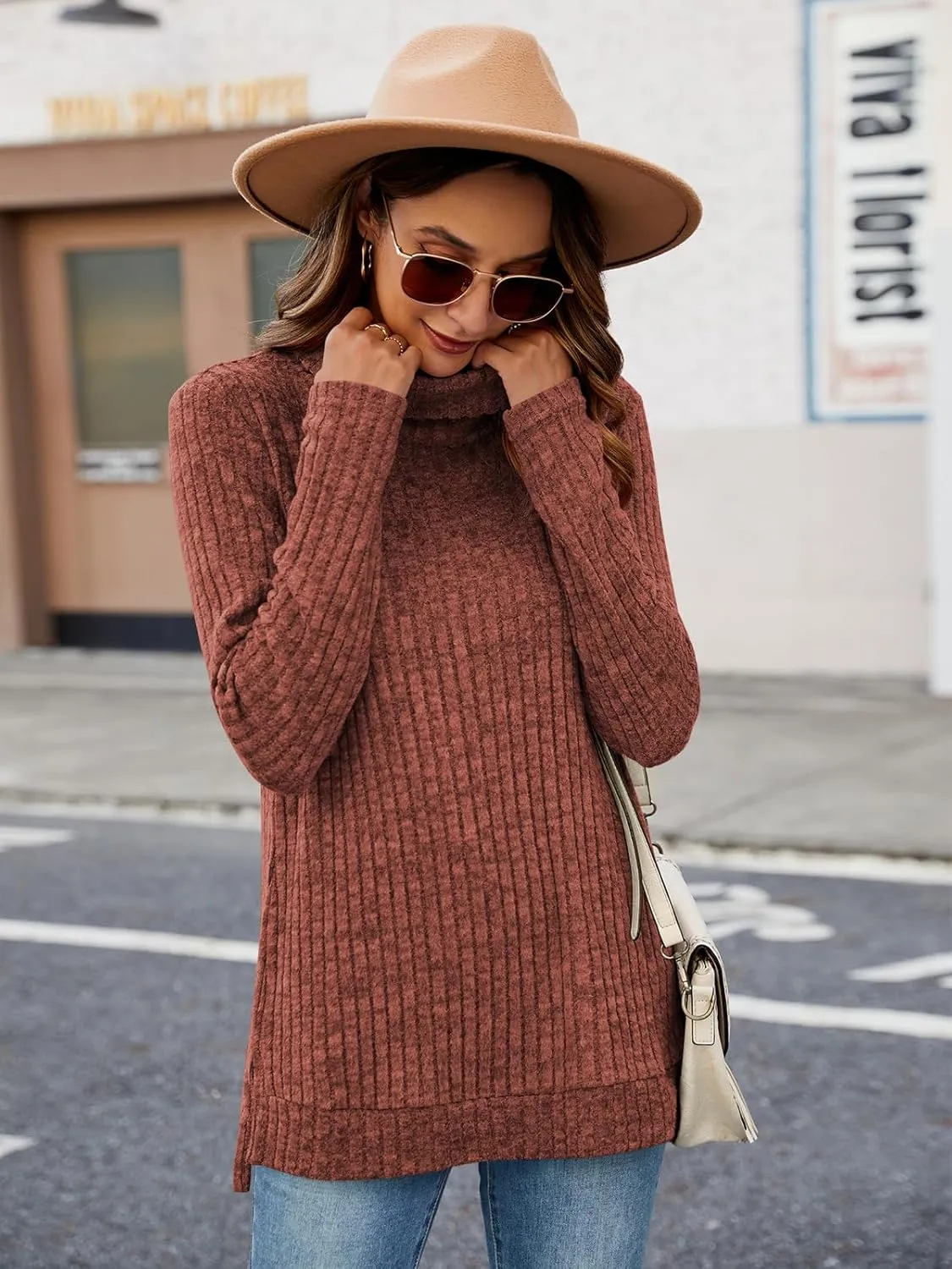 Poetsky Womens Turtleneck Tunic Sweaters to Wear with Leggings 2024 Side Split Fall Long Sleeve Tunic Tops