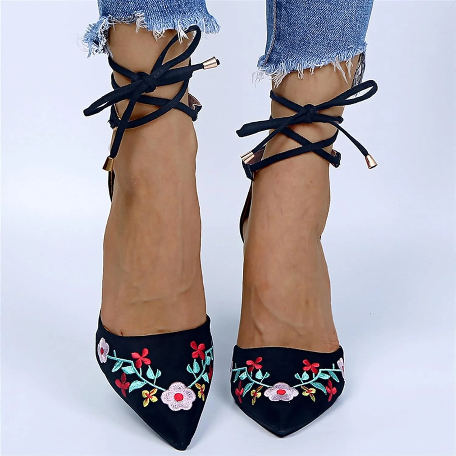 Pointed Toe Floral Embroidered Backless High Heel Fashion Slip On Ankle Strap Chunky Heels Shoe Boho Single Pumps Sandals for Dinner Party Bridesmaids