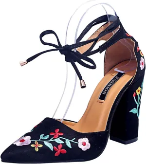 Pointed Toe Floral Embroidered Backless High Heel Fashion Slip On Ankle Strap Chunky Heels Shoe Boho Single Pumps Sandals for Dinner Party Bridesmaids