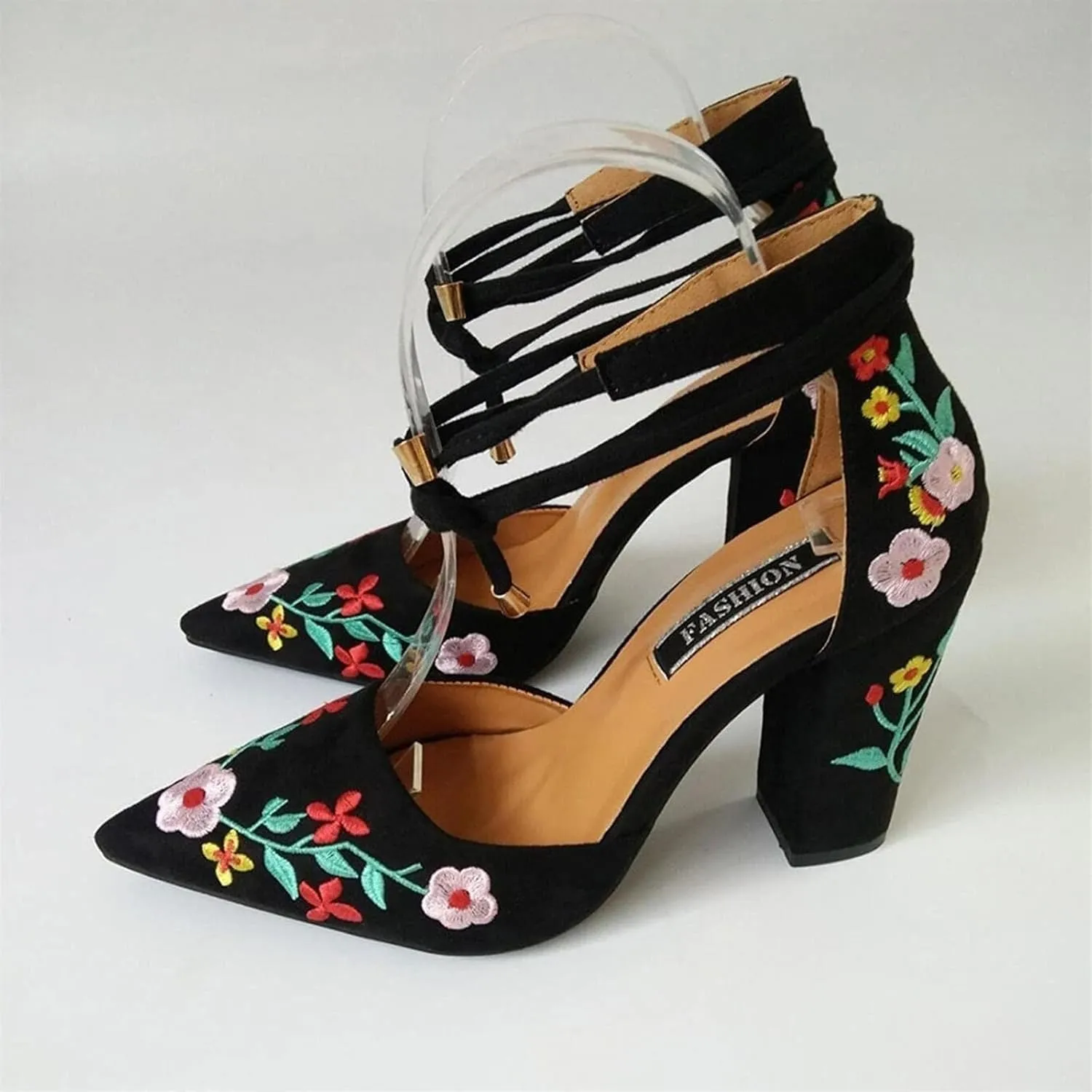 Pointed Toe Floral Embroidered Backless High Heel Fashion Slip On Ankle Strap Chunky Heels Shoe Boho Single Pumps Sandals for Dinner Party Bridesmaids