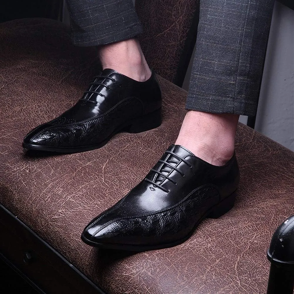 Pointed Toe Oxford for Men Shoes Lace Up StyleGenuine Leather Carving Retro Solid Colors Low Top Flats Block Heel
