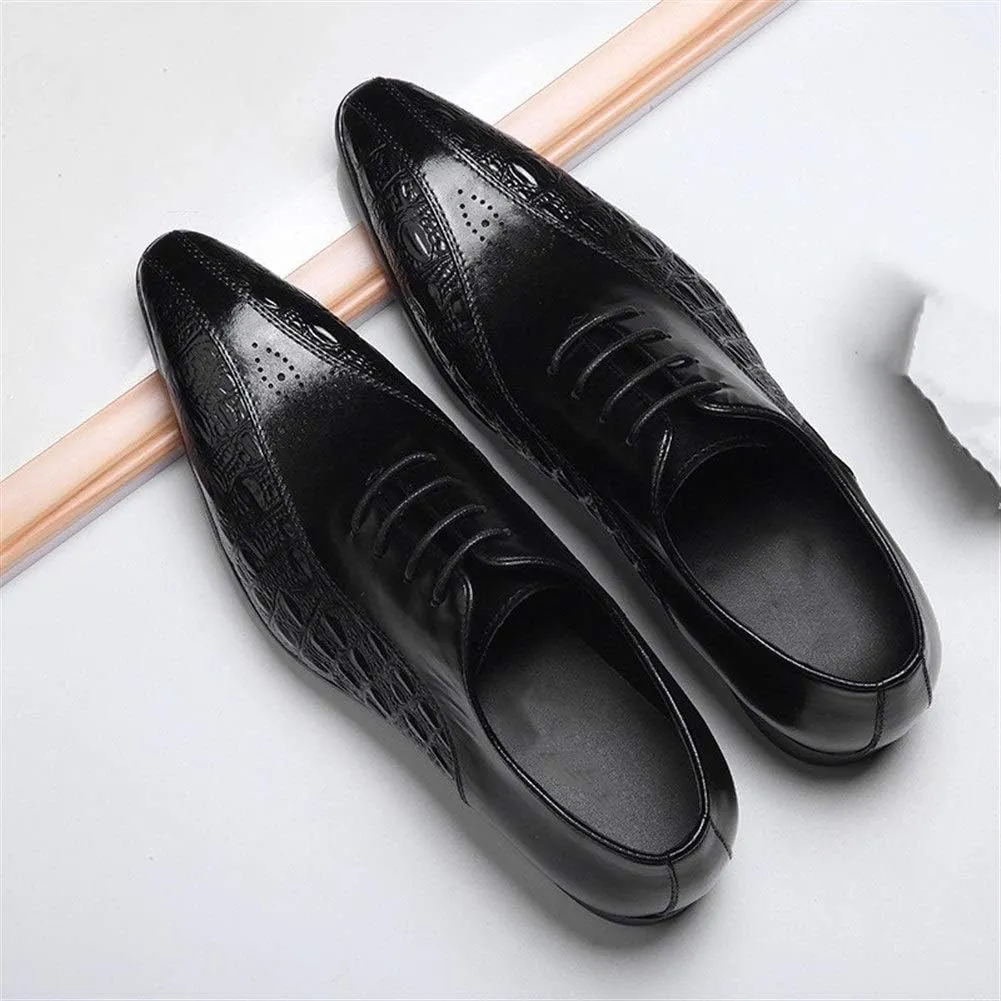 Pointed Toe Oxford for Men Shoes Lace Up StyleGenuine Leather Carving Retro Solid Colors Low Top Flats Block Heel