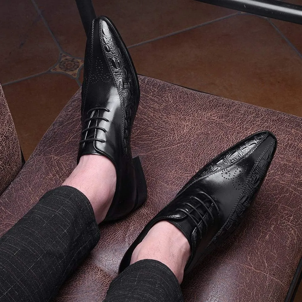 Pointed Toe Oxford for Men Shoes Lace Up StyleGenuine Leather Carving Retro Solid Colors Low Top Flats Block Heel