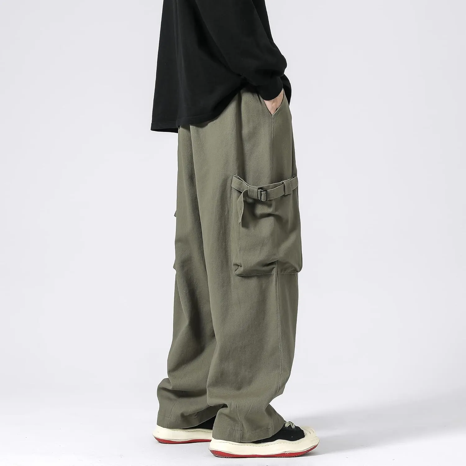 PRIJOUHE Men's Baggy Cargo Pants Casual Loose Fit Wide Leg Pants with Elastic Drawstring Waist