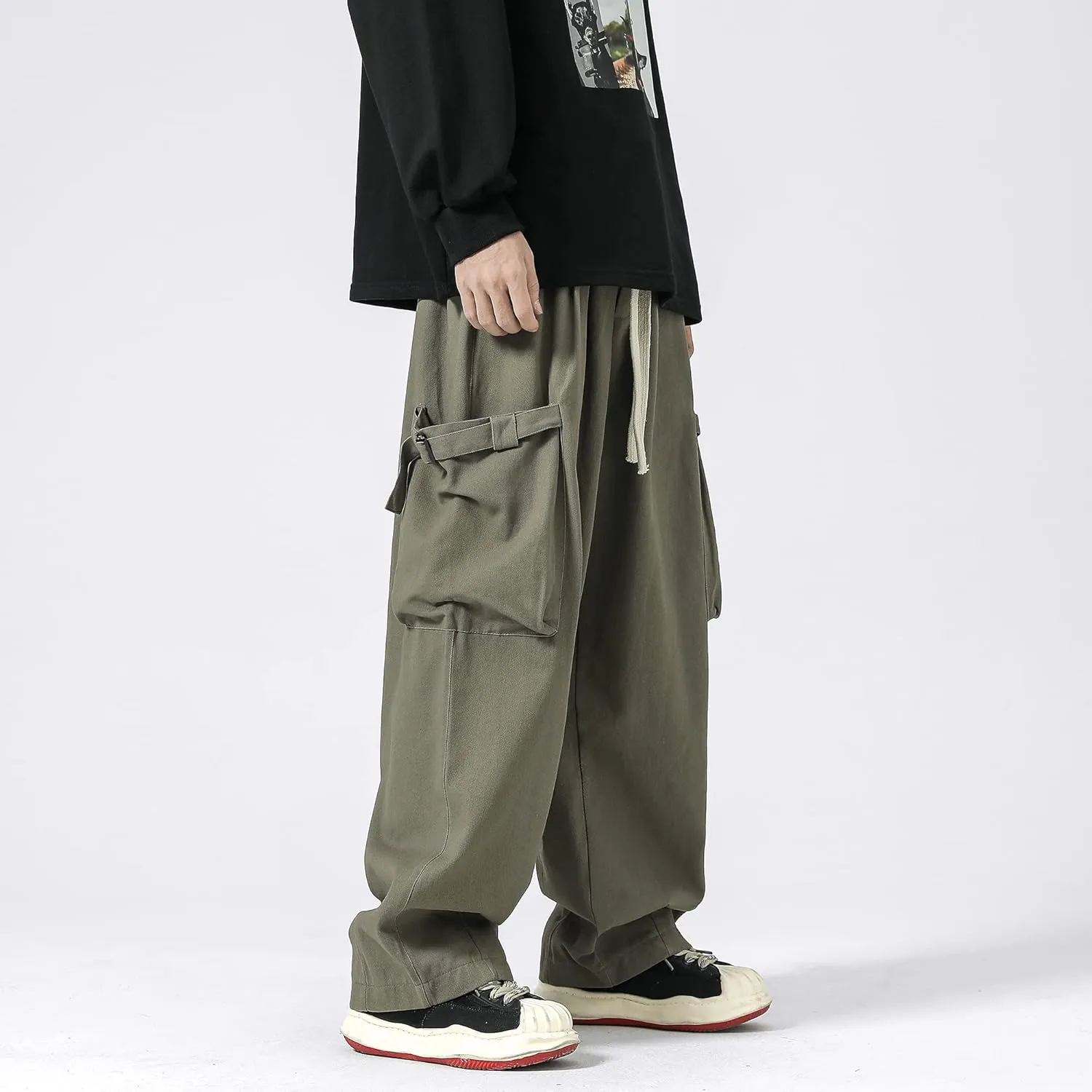 PRIJOUHE Men's Baggy Cargo Pants Casual Loose Fit Wide Leg Pants with Elastic Drawstring Waist