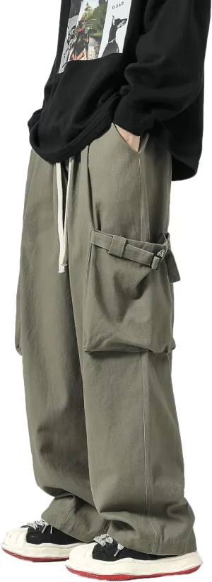 PRIJOUHE Men's Baggy Cargo Pants Casual Loose Fit Wide Leg Pants with Elastic Drawstring Waist
