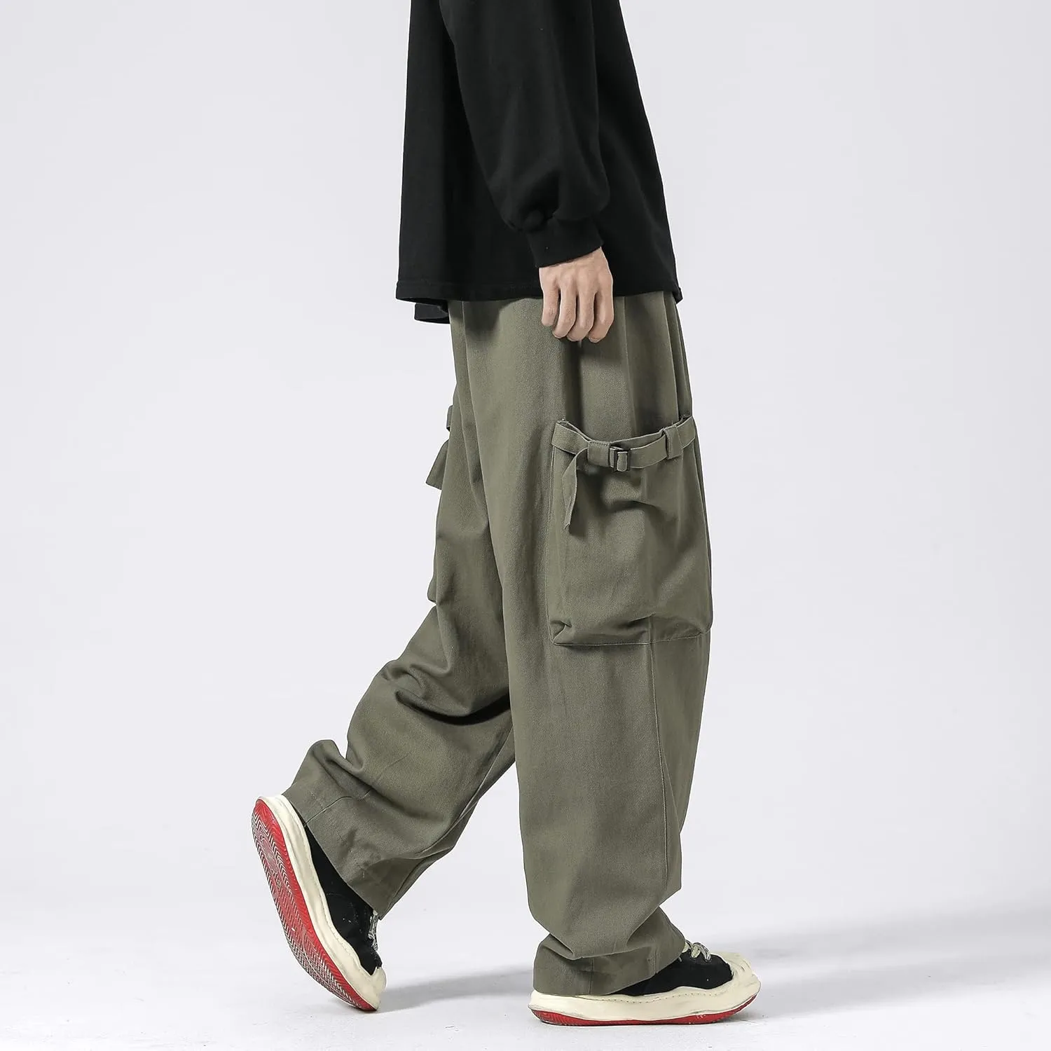 PRIJOUHE Men's Baggy Cargo Pants Casual Loose Fit Wide Leg Pants with Elastic Drawstring Waist