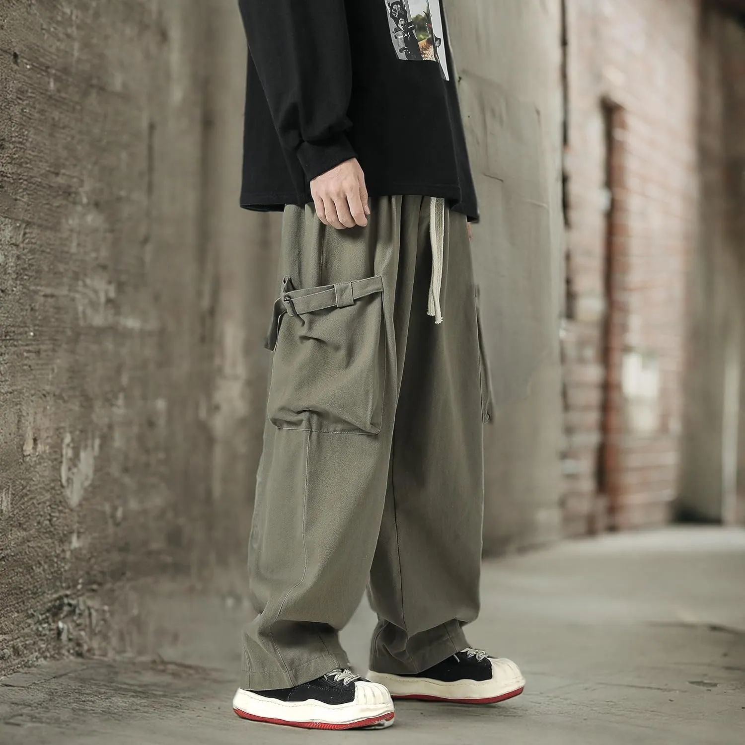 PRIJOUHE Men's Baggy Cargo Pants Casual Loose Fit Wide Leg Pants with Elastic Drawstring Waist