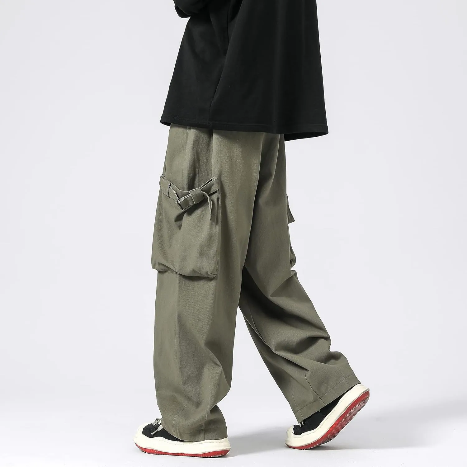 PRIJOUHE Men's Baggy Cargo Pants Casual Loose Fit Wide Leg Pants with Elastic Drawstring Waist
