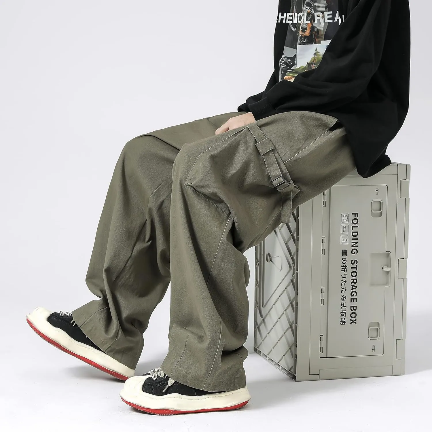 PRIJOUHE Men's Baggy Cargo Pants Casual Loose Fit Wide Leg Pants with Elastic Drawstring Waist