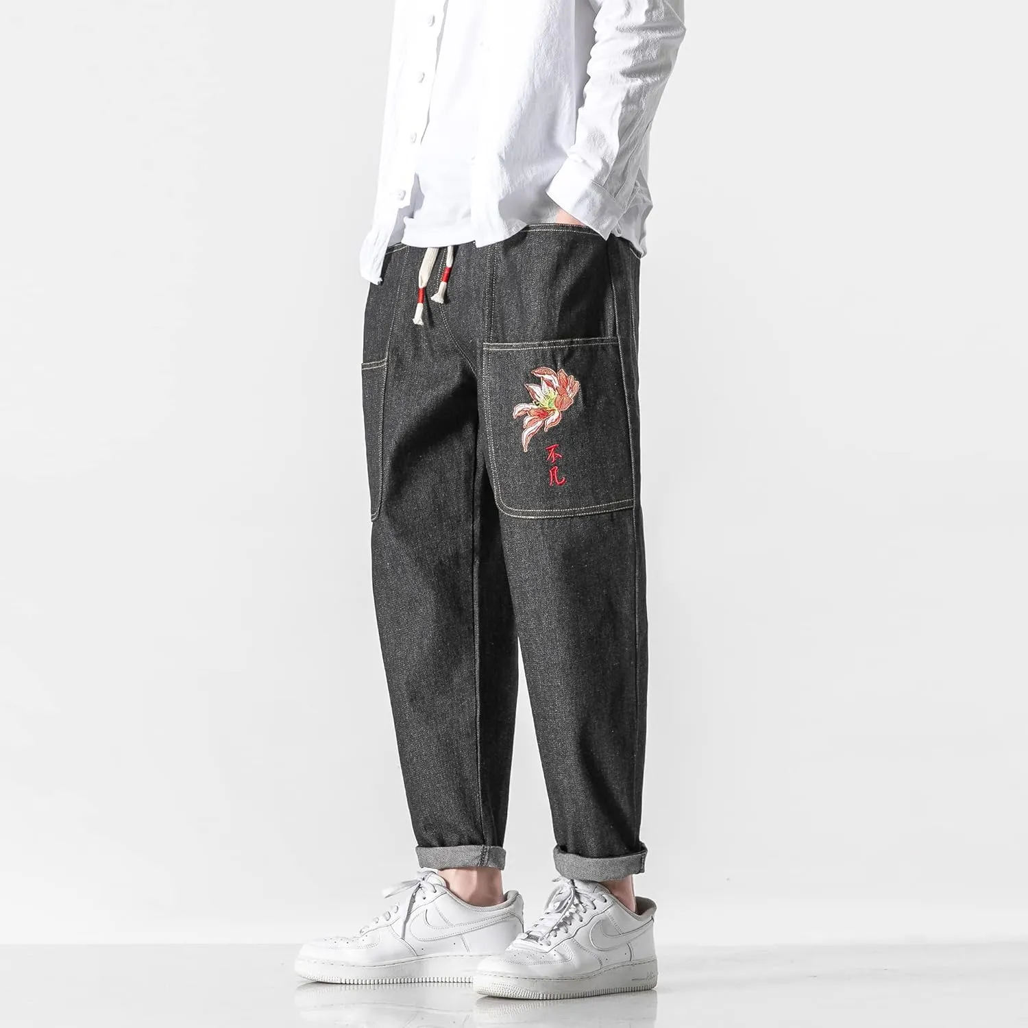 PRIJOUHE Mens Elastic Waist Drawstring Jeans Casual Stretchy Regular Fit Tapered Leg Distressed Jeans Pants
