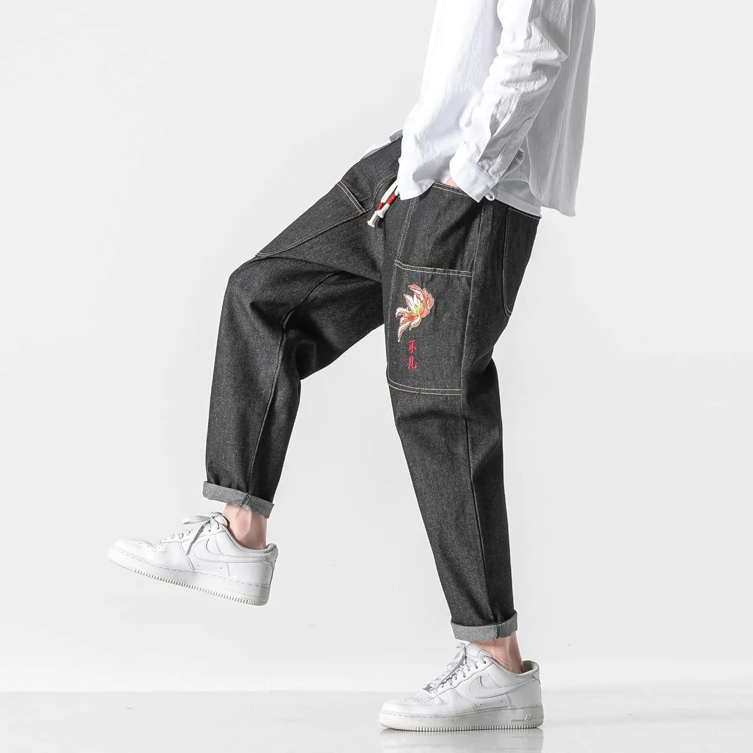 PRIJOUHE Mens Elastic Waist Drawstring Jeans Casual Stretchy Regular Fit Tapered Leg Distressed Jeans Pants