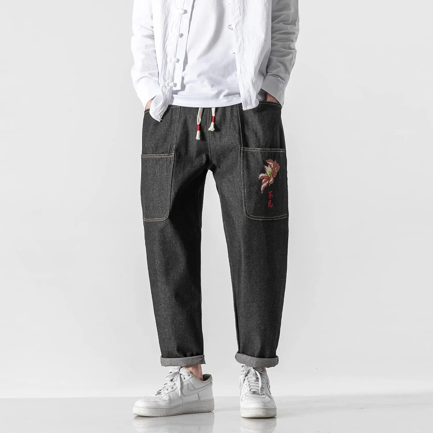 PRIJOUHE Mens Elastic Waist Drawstring Jeans Casual Stretchy Regular Fit Tapered Leg Distressed Jeans Pants