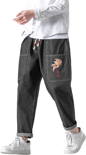 PRIJOUHE Mens Elastic Waist Drawstring Jeans Casual Stretchy Regular Fit Tapered Leg Distressed Jeans Pants