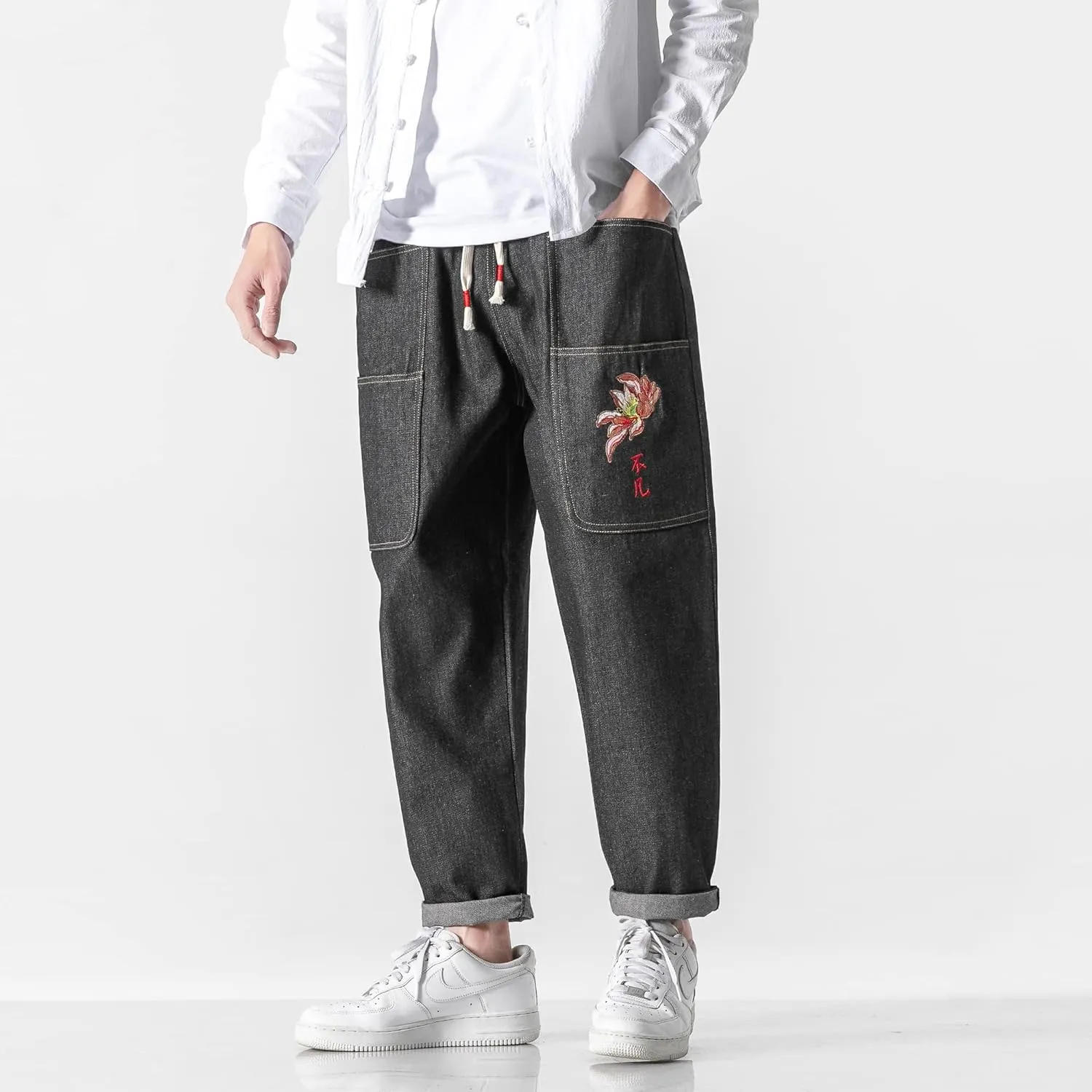 PRIJOUHE Mens Elastic Waist Drawstring Jeans Casual Stretchy Regular Fit Tapered Leg Distressed Jeans Pants