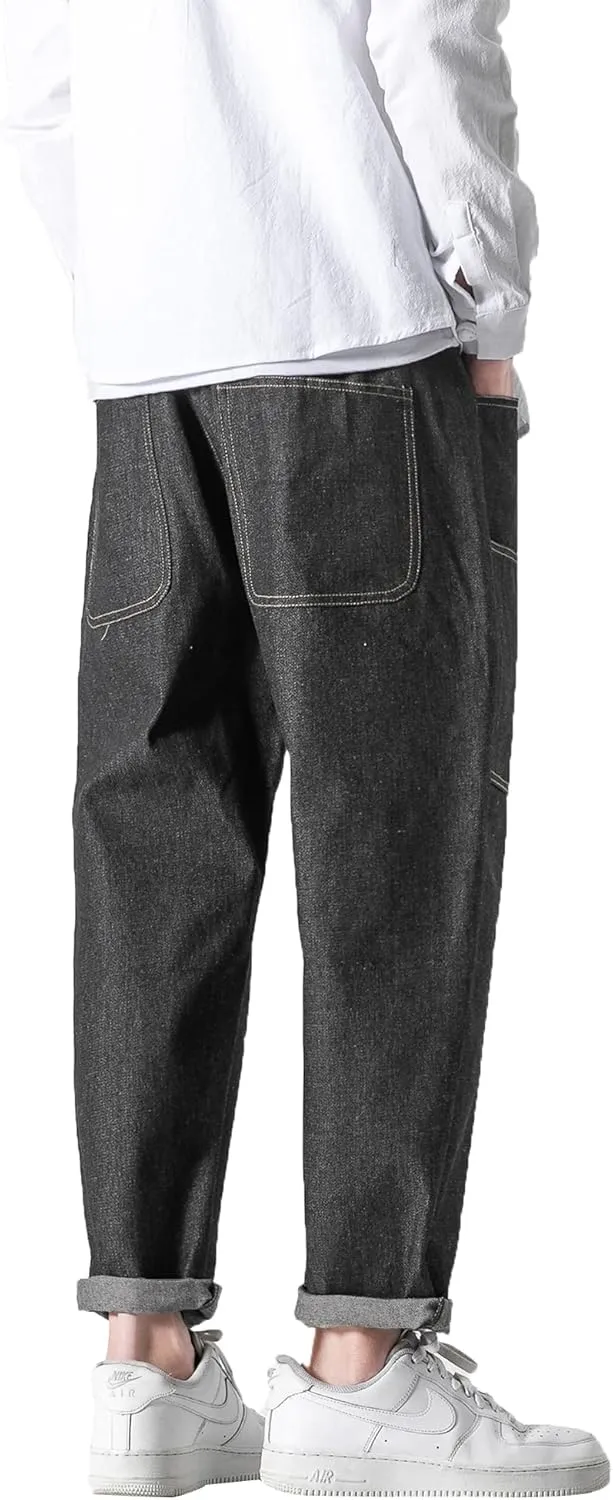 PRIJOUHE Mens Elastic Waist Drawstring Jeans Casual Stretchy Regular Fit Tapered Leg Distressed Jeans Pants