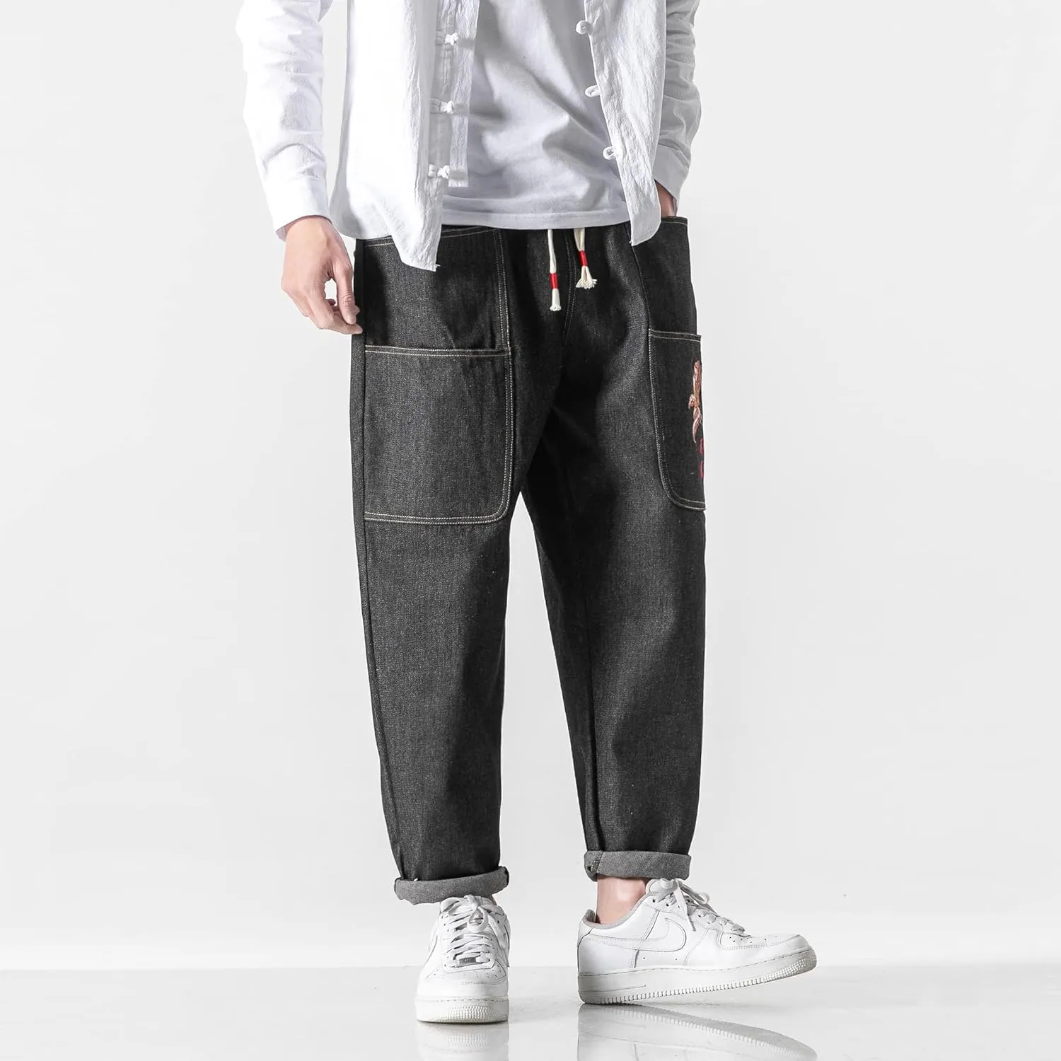 PRIJOUHE Mens Elastic Waist Drawstring Jeans Casual Stretchy Regular Fit Tapered Leg Distressed Jeans Pants