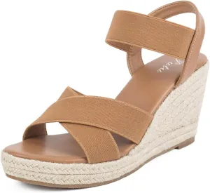 Putu Women's Espadrilles Wedge Sandals Elastic Ankle Strap Platform Sandals Open Toe Criss-cross Wedge Sandals Brown Size 8