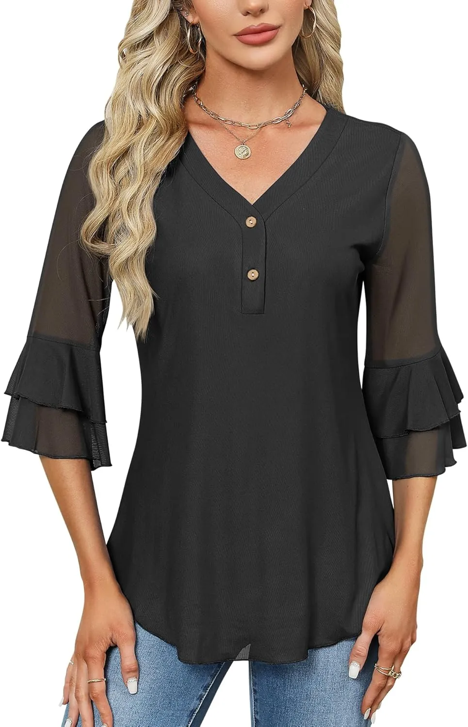 Rapbin Women Dressy Blouse 3/4 Sleeve Tiered Bell Sleeve Double Layers Mesh Shirt Trendy Flowy Tunic