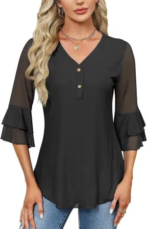 Rapbin Women Dressy Blouse 3/4 Sleeve Tiered Bell Sleeve Double Layers Mesh Shirt Trendy Flowy Tunic