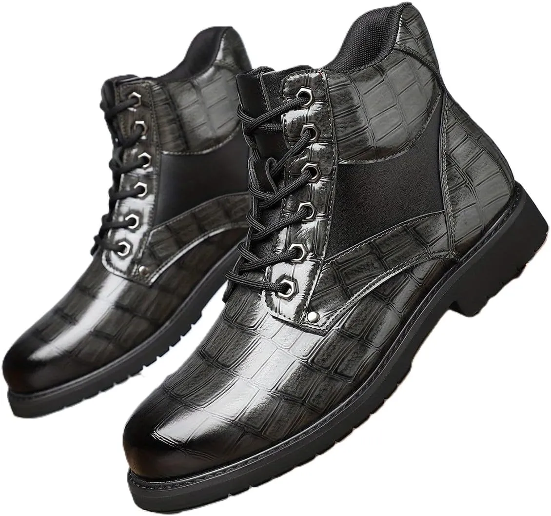 Retro crocodile pattern men's boots, men's cowhide printed pattern boots, men's mid top waterproof lace up boots