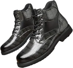 Retro crocodile pattern men's boots, men's cowhide printed pattern boots, men's mid top waterproof lace up boots