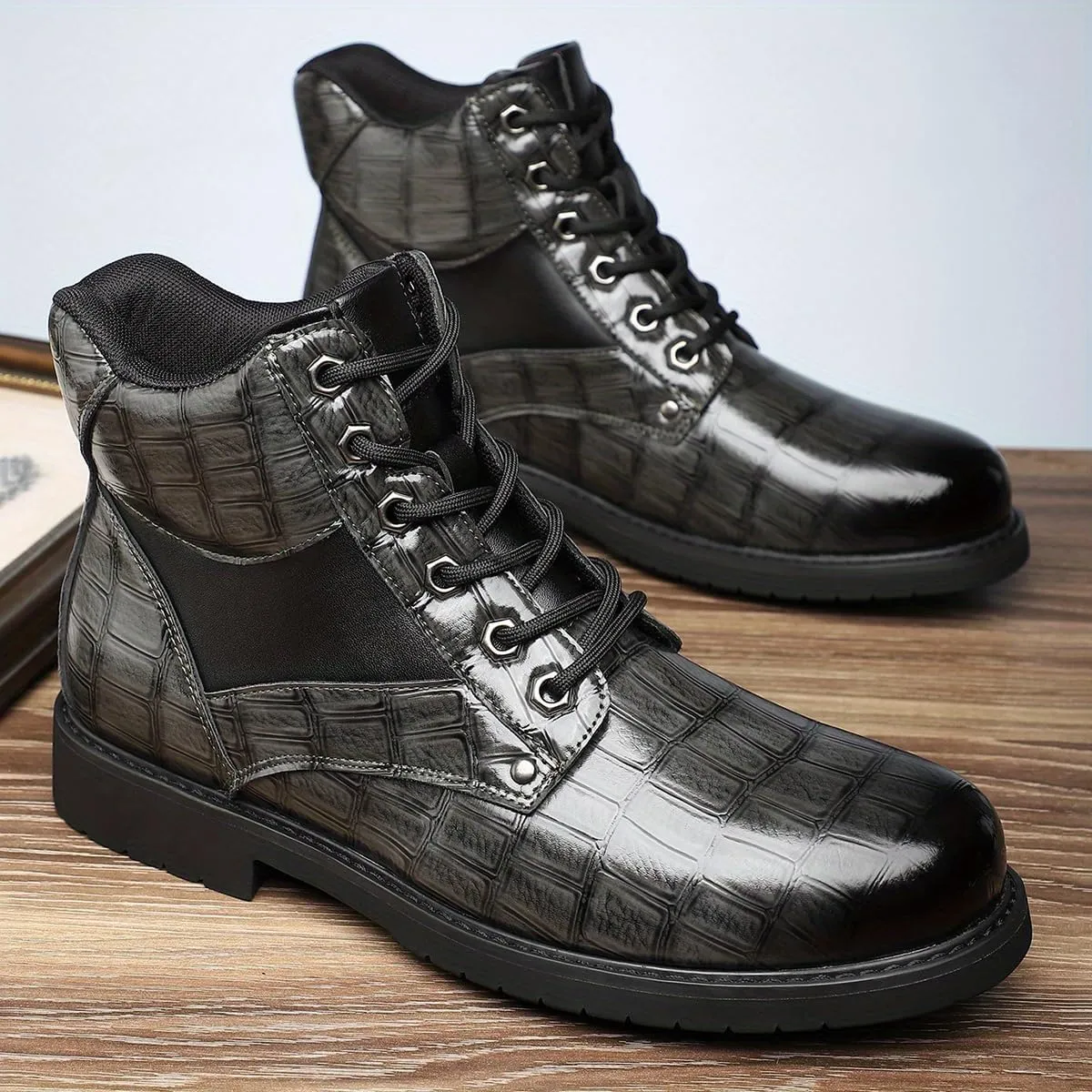 Retro crocodile pattern men's boots, men's cowhide printed pattern boots, men's mid top waterproof lace up boots