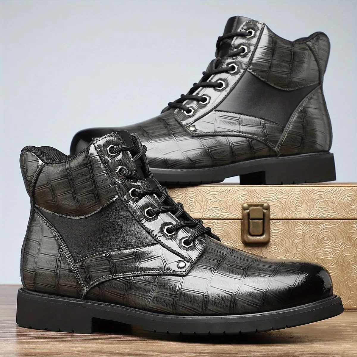 Retro crocodile pattern men's boots, men's cowhide printed pattern boots, men's mid top waterproof lace up boots