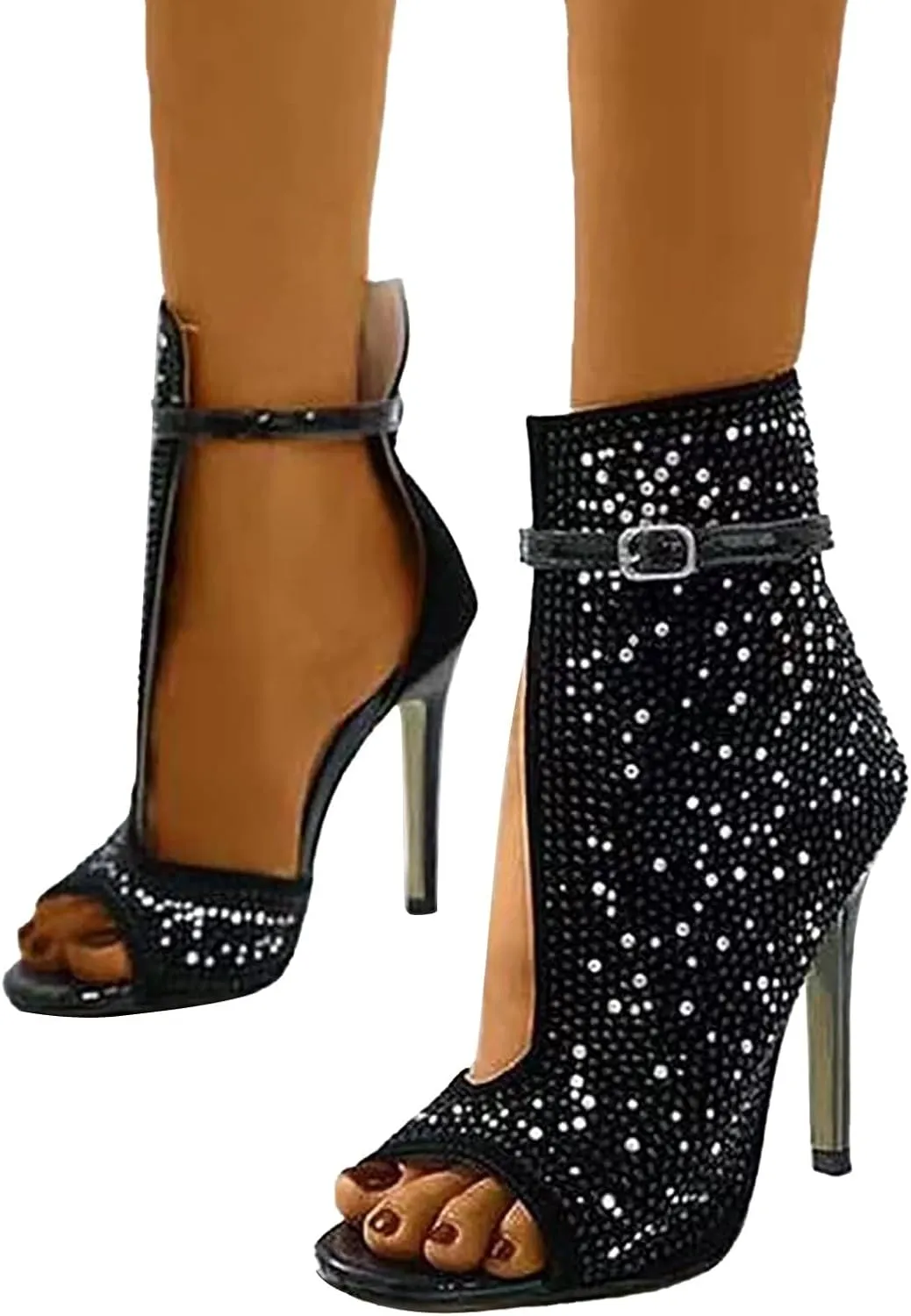 Rhinestone Sexy Stiletto Heels for Women 2025 Peep Toe Ankle Strap Buckle Side Cutout High Heeled Sandals Ladies Glitter Fashion High Heels Women's Trendy Summer Dressy Heeled Sandals