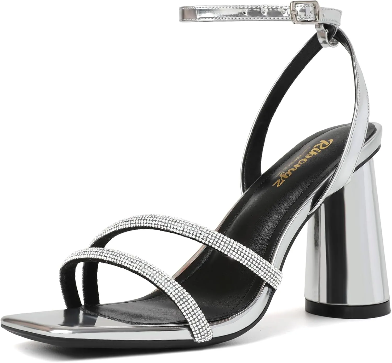 RIBONGZ Block Heels Prom Heeled Sandals for Women Chunky Square Open Toe Strappy High Heels Ankle Strap Wedding Bridal Shoes High Heel Sandals for Party Dress