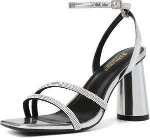 RIBONGZ Block Heels Prom Heeled Sandals for Women Chunky Square Open Toe Strappy High Heels Ankle Strap Wedding Bridal Shoes High Heel Sandals for Party Dress