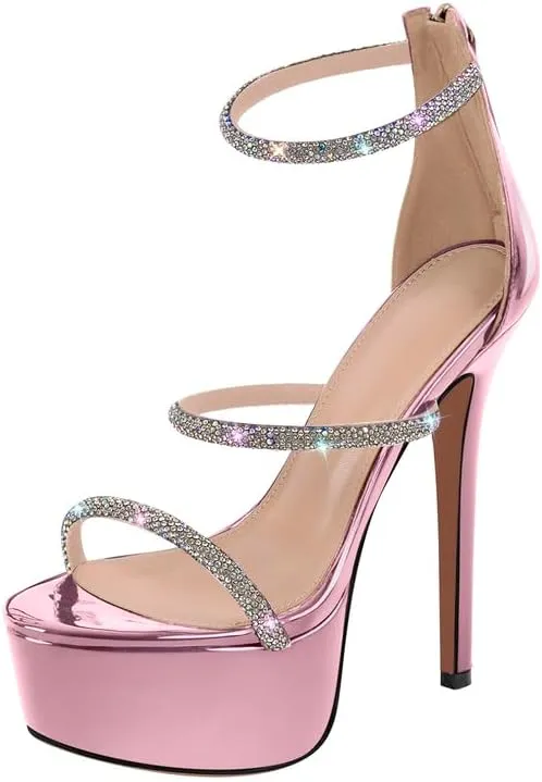 richealnini Platform Heel for Women Crystal Sandals with Rhinestone Straps Buckle Stiletto High Heels