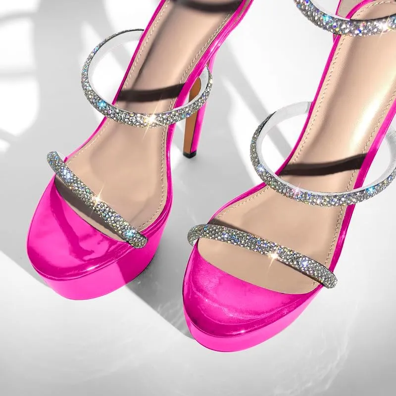 richealnini Platform Heel for Women Crystal Sandals with Rhinestone Straps Buckle Stiletto High Heels