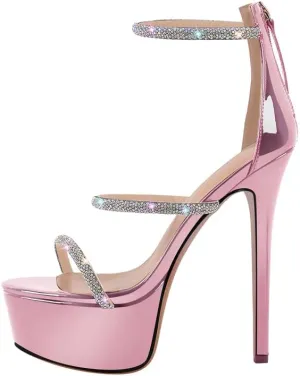 richealnini Platform Heel for Women Crystal Sandals with Rhinestone Straps Buckle Stiletto High Heels
