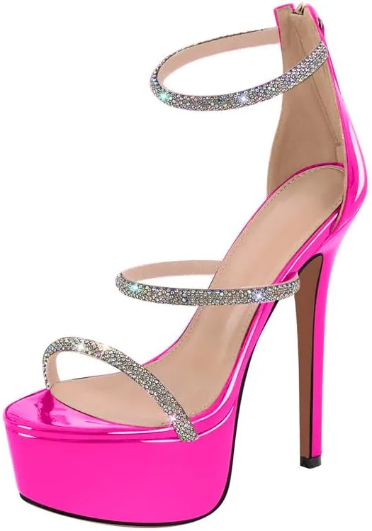 richealnini Platform Heel for Women Crystal Sandals with Rhinestone Straps Buckle Stiletto High Heels