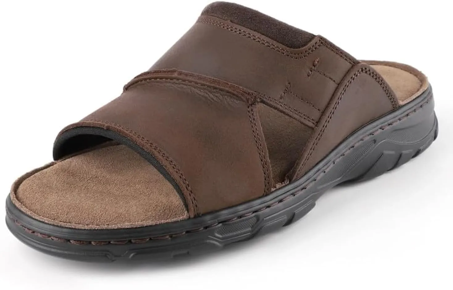 riemot Mens Leather Sandals Memory Foam Footbed Summer Beach Sandal Indoor Outdoor Thick Sole Non-slip Lightweight Slides