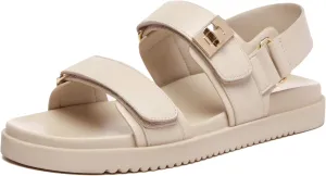 Rihero Women's Flat Sandals Comfort Adjustable Double Strap Slip on Leather Footbed Nude Sandals with Back Strap Size 11