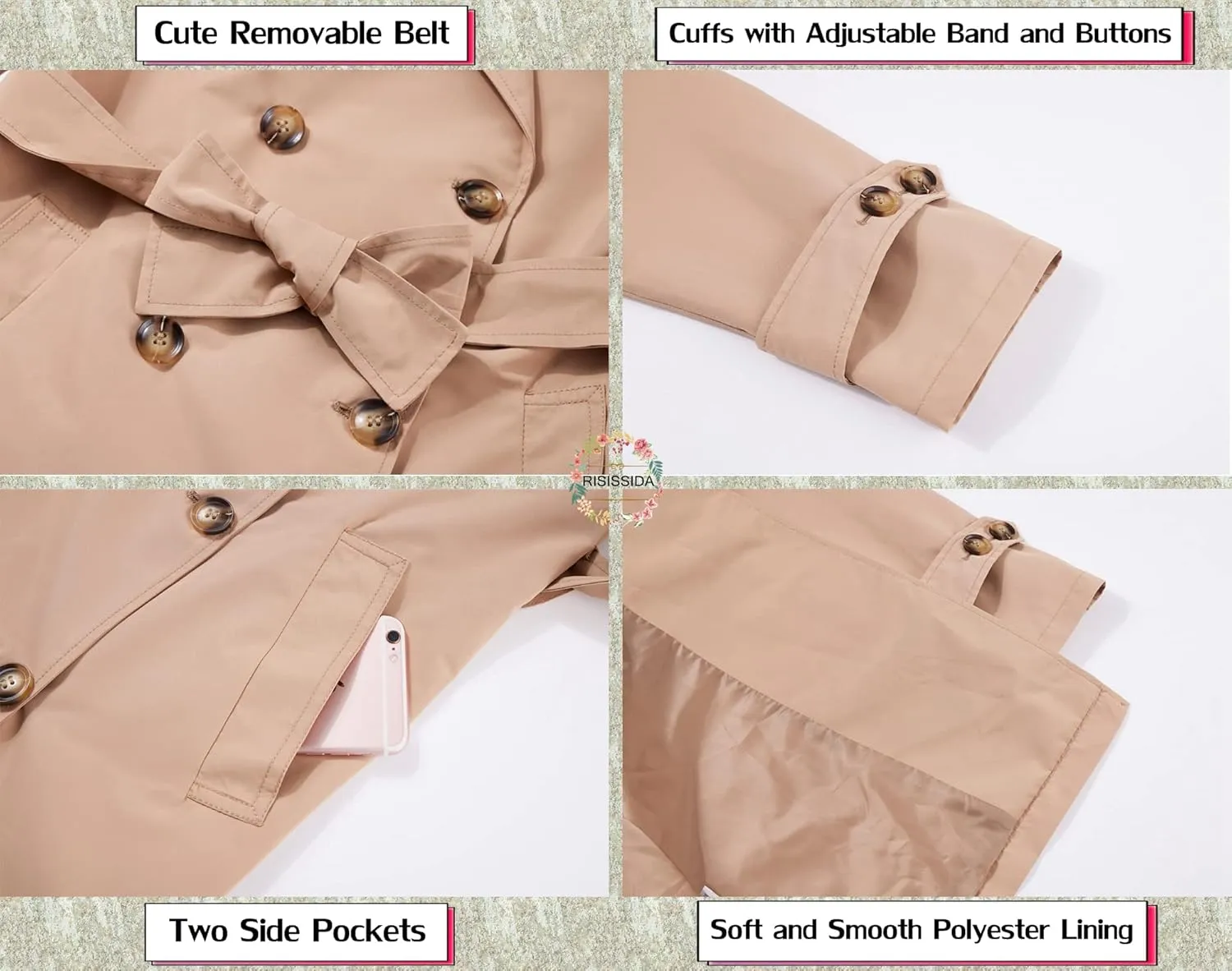 RISISSIDA Women Trench Coats, Water Resistant Double Breasted Long Jacket Belted