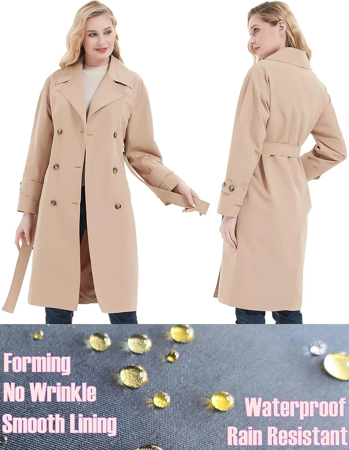 RISISSIDA Women Trench Coats, Water Resistant Double Breasted Long Jacket Belted