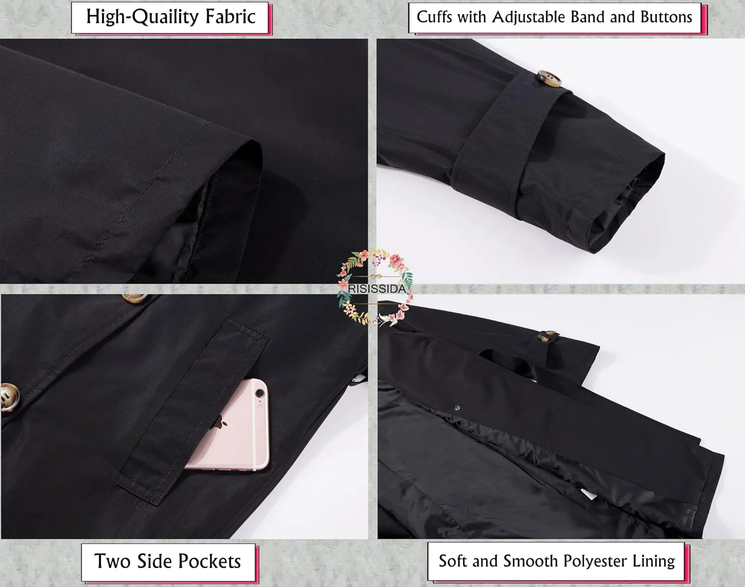 RISISSIDA Women Trench Coats, Water Resistant Double Breasted Long Jacket Belted