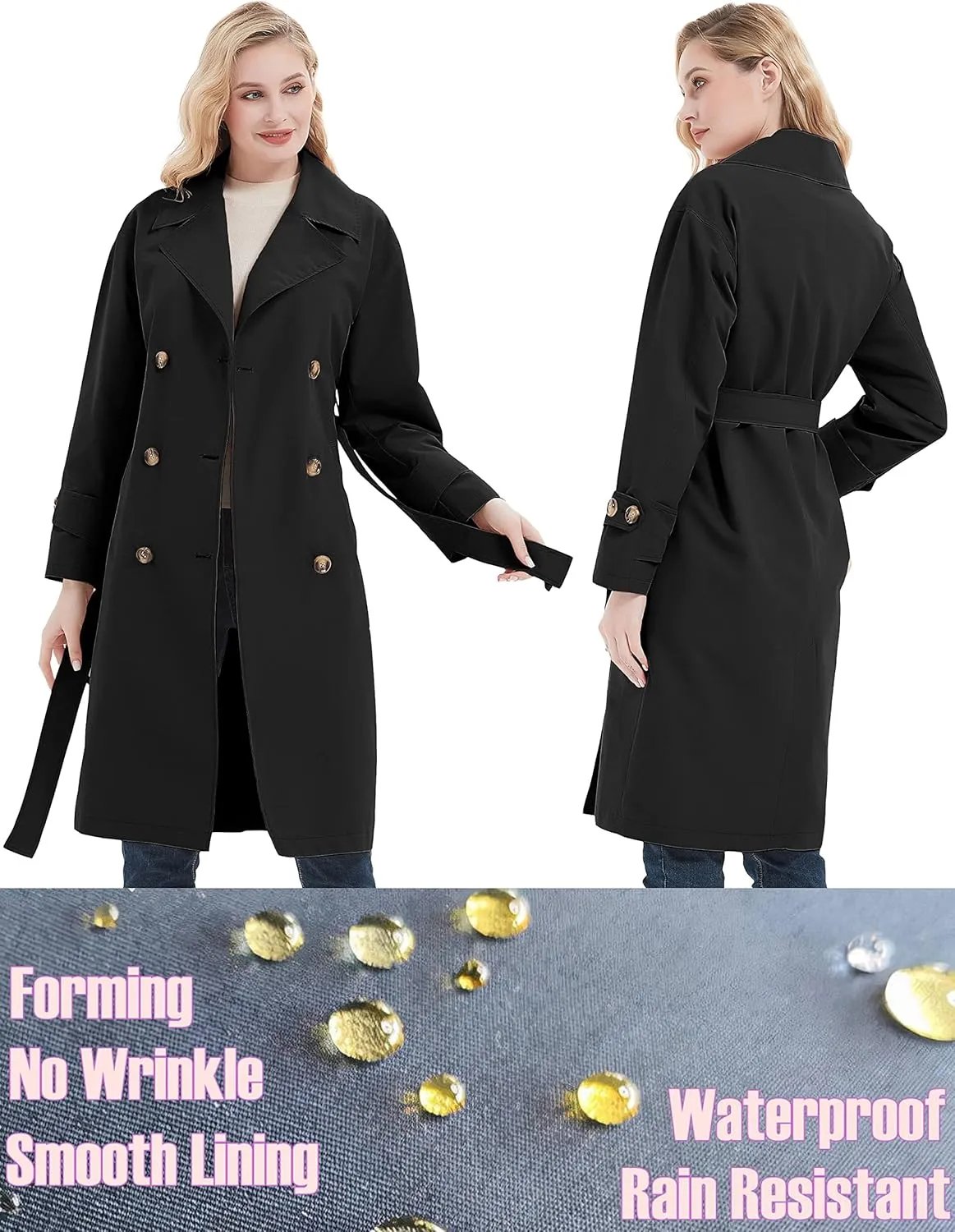 RISISSIDA Women Trench Coats, Water Resistant Double Breasted Long Jacket Belted
