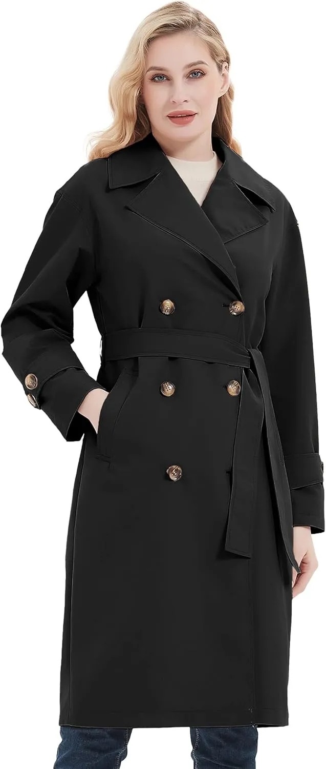 RISISSIDA Women Trench Coats, Water Resistant Double Breasted Long Jacket Belted
