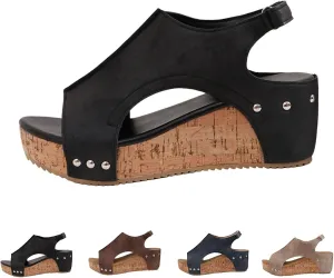 Rivet Wedge Sandals,Lightweight & Easy Slipon Rivet Decor Platform Sandal,Open Toe Buckle Ankle Strap Casual Summer Shoes