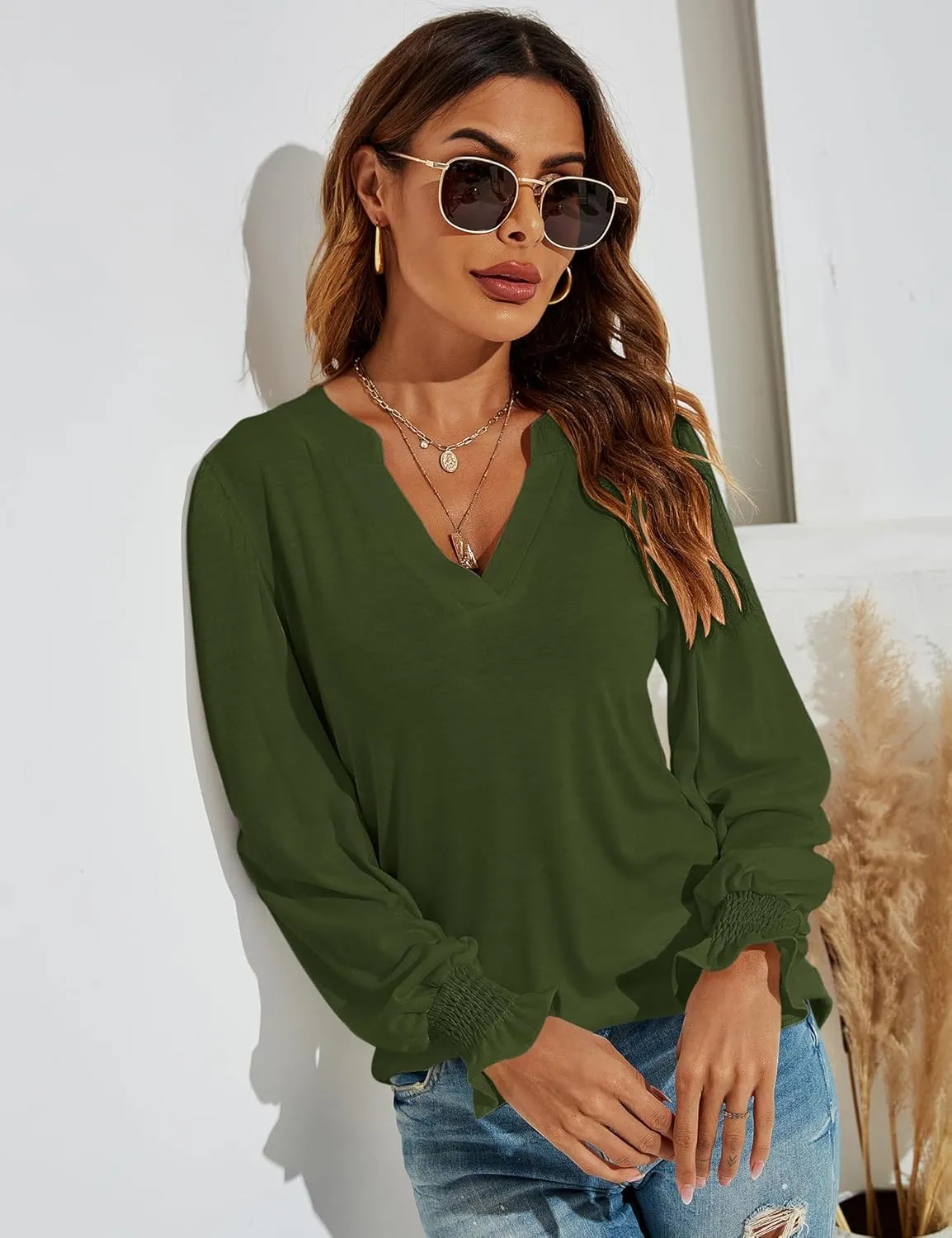 Romanstii Women's Casual V-Neck T-Shirts Loose Puff Long Sleeve Tops Tunic Blouses