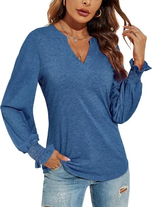 Romanstii Women's Casual V-Neck T-Shirts Loose Puff Long Sleeve Tops Tunic Blouses