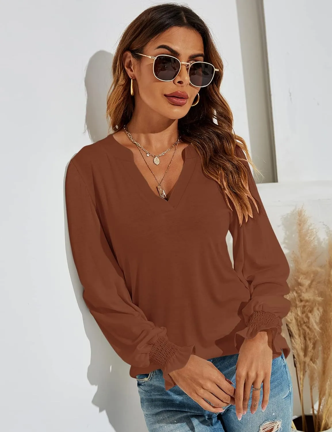 Romanstii Women's Casual V-Neck T-Shirts Loose Puff Long Sleeve Tops Tunic Blouses