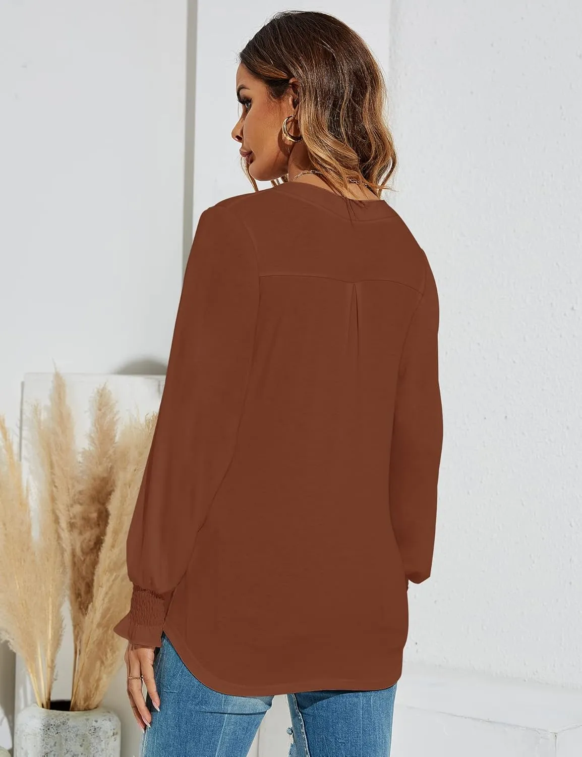 Romanstii Women's Casual V-Neck T-Shirts Loose Puff Long Sleeve Tops Tunic Blouses