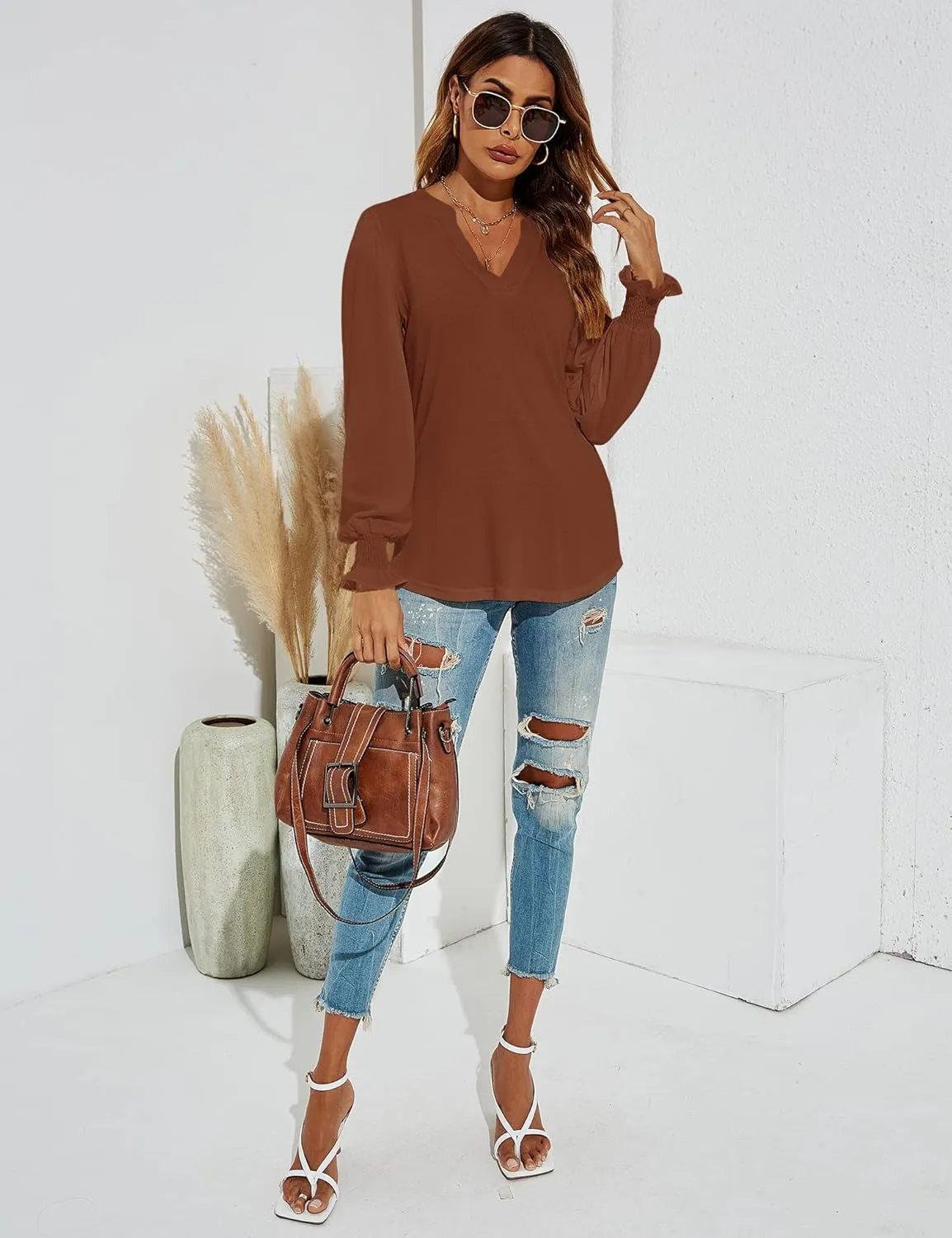 Romanstii Women's Casual V-Neck T-Shirts Loose Puff Long Sleeve Tops Tunic Blouses