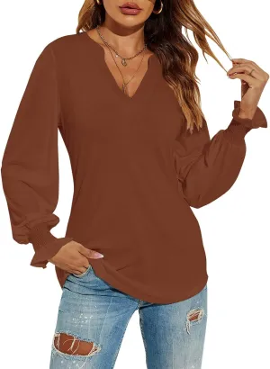 Romanstii Women's Casual V-Neck T-Shirts Loose Puff Long Sleeve Tops Tunic Blouses