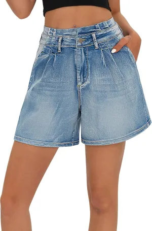 roswear Women’s High Waisted Stretchy Wide Leg Denim Baggy Jean Shorts